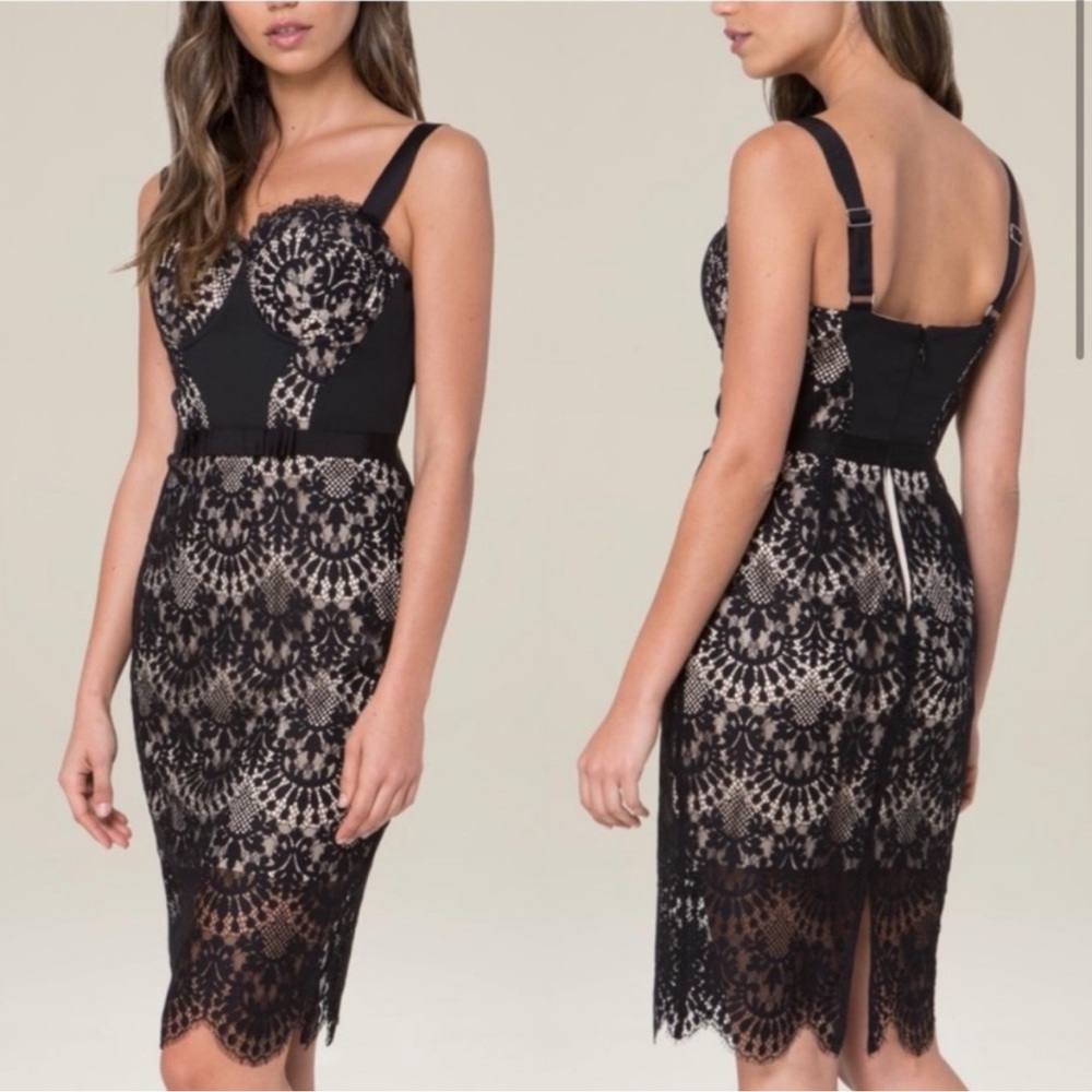 Bebe Black and Tan Backless Sheath Dress